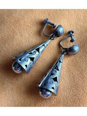 Vintage Mexico Sterling Silver Cone Dangle Earrings 925 Boho